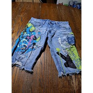 Size 34 Smoke Rise Graffiti Distressed Destroyed  Denim Jean Shorts Streetwear